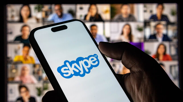 Closeup of a hand holding a smartphone displaying the skype logo with a blurred video conference call in the background