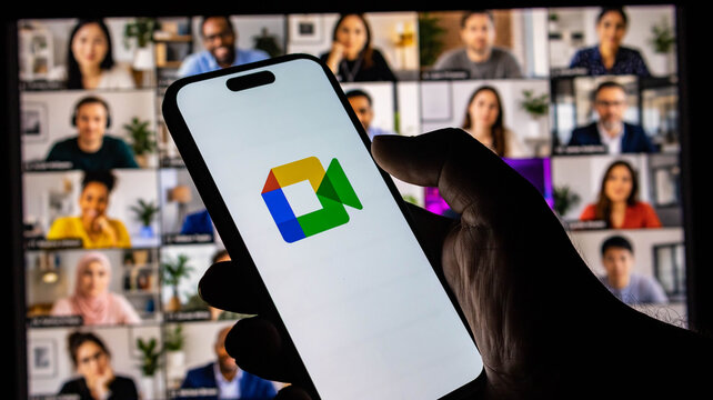 Closeup of a hand holding a smartphone displaying the google meet video conferencing app logo with a blurred virtual meeting background