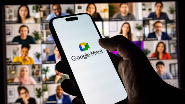 Closeup of a hand holding a smartphone displaying the google meet app logo with a video conference call in the background