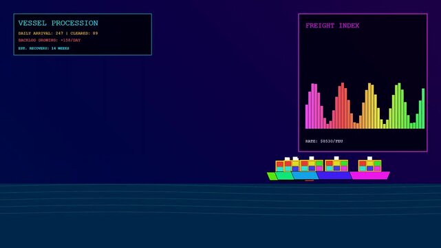 This animated video demonstrates rising port congestion as cargo ships accumulate over time, illustrating global supply chain delays and logistics backlogs.