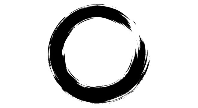 A powerful black brushstroke forms a perfectly imperfect circle, symbolizing continuous flow, inner peace, and the beautiful elegance of minimalist artistic expression