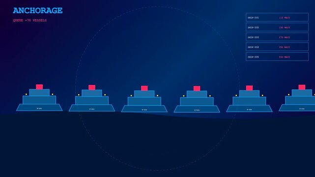A stylized motion graphic depicting severe port congestion as a radar scanner sweeps over a long queue of anchored cargo vessels at sea.