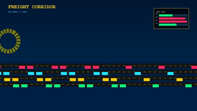 A digital visualization of port congestion displays real time flow data of cargo trucks moving across multi lane freight corridors on a simulated control dashboard.