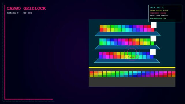 An animated digital interface highlights a critical port congestion crisis with stalled colorful cargo container boxes inside a futuristic sci fi shipping terminal