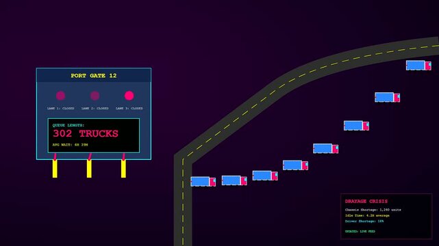 Minimalist vector animation illustrates severe port congestion with a fluctuating queue of delivery trucks waiting outside closed terminal gates during a drayage crisis.