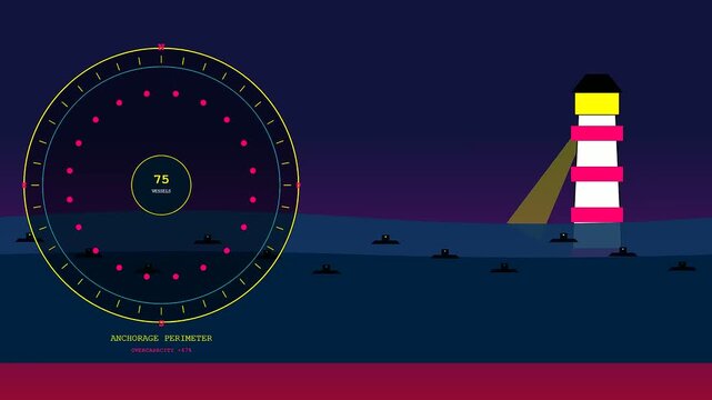 Vector animation of radar displays monitoring port congestion as stylized lighthouses rotate beams and cargo vessels float on dark digital water during a night operation.