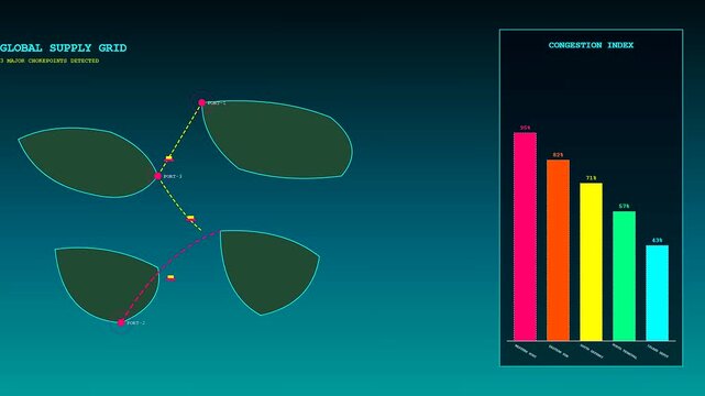 Global logistics software monitors port congestion on an animated map while a colorful bar graph rises to show increasing shipping delays and transport bottlenecks.