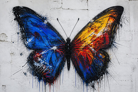 Butterfly painted with blue and orange wings on concrete wall