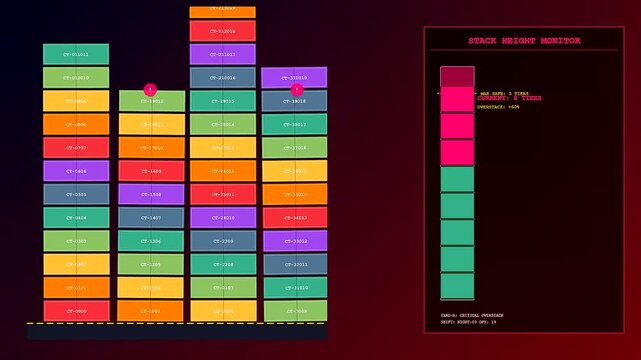 Simulating critical port congestion as container stacks rise beyond safe heights, triggering red overstack warning indicators on a digital dashboard interface.