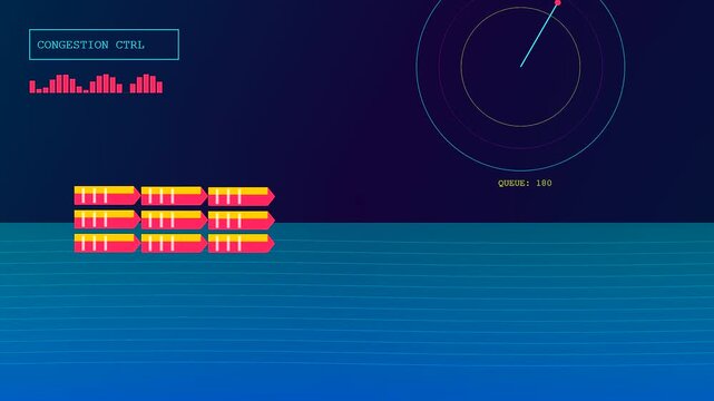 A digital simulation demonstrating port congestion management with real time queue counters and stylized shipping containers moving across a radar screen.