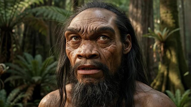 Denisovan, Homo denisova, Pleistocene hominin, scientifically accurate representation, looking upward, archaic facial features, 4k video