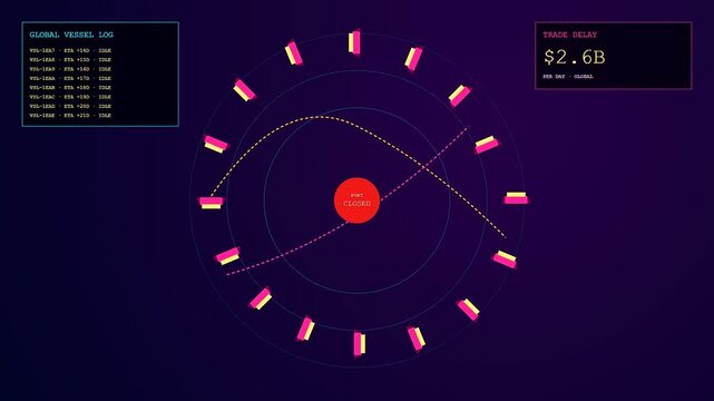 An abstract motion graphic demonstrating global port congestion with simulated vessel tracking data and rising economic trade delays on a dark radar display.