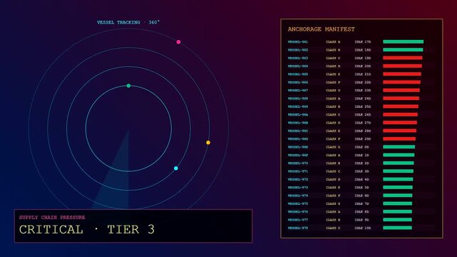 A futuristic digital radar tracking screen monitors severe port congestion with scrolling data lists showing critical supply chain levels decreasing through various tiers.