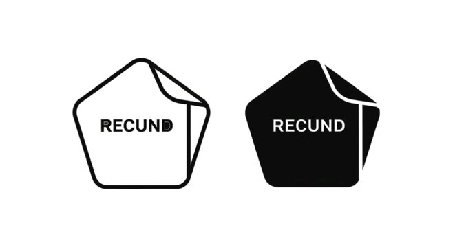 Minimal black silhouette icon, simple flat vector, bold black shape, no, no shading set of two pentagonal sticker icons with curled corner and recund text on a, flat icon style
