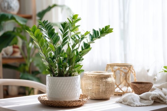 Zamioculcas zamiifolia plant in white pot with other decor on a table
