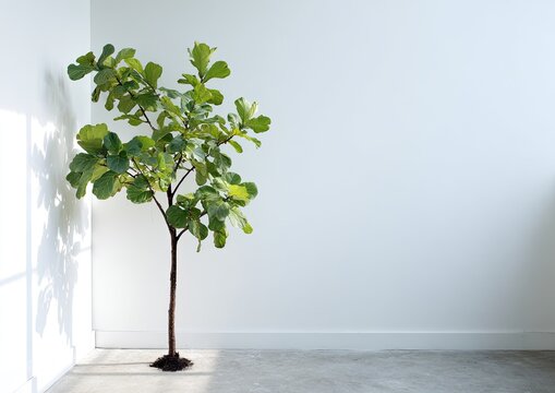 Young, healthy fiddle-leaf fig tree indoors, bright sunlight on white wall, minimalist design