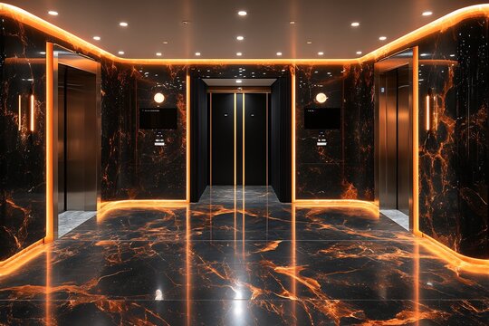 Luxurious Marble Elevator Lobby with Orange Accents