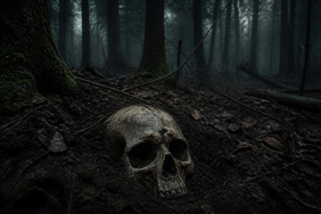 Naklejka premium Weathered human skull resting on forest floor among roots