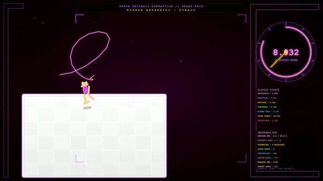 A digital representation of youth sports dedication features an animated avatar performing rhythmic gymnastics routines alongside floating data metrics displayed on a dark purple screen