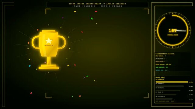 Displaying youth sports dedication in a bright digital celebration of winning trophies and earning top ranks with glowing golden metrics on a dark modern display