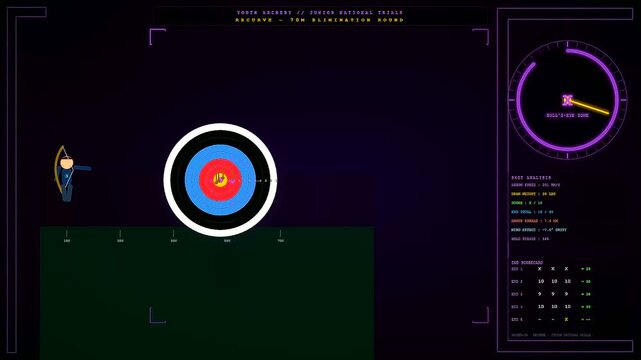 Displaying youth sports dedication this digital animation shows a simulated archery competition targeting practice interface with moving circular gauges and tracking data panels in a dark room