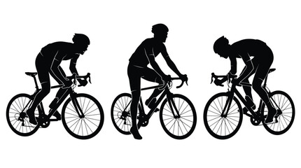 Fototapeta premium Three professional cyclists riding road bikes in a black silhouette style on a white background