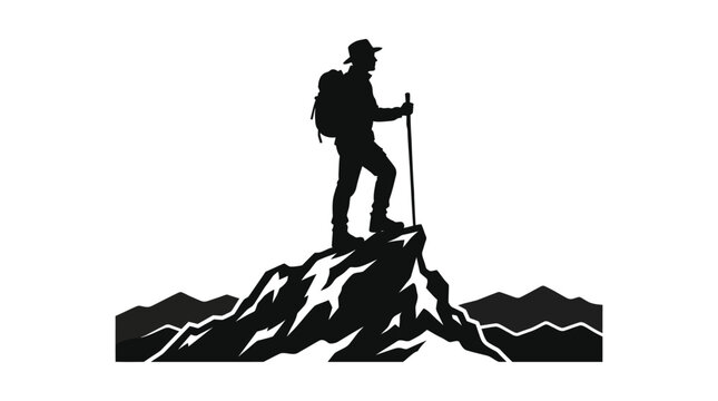 Black silhouette of a lone hiker wearing a hat standing on a rocky mountain peak