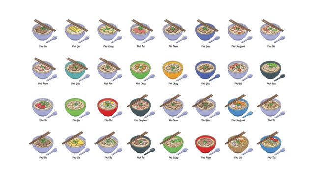 Vietnamese Pho Soup Collection with Traditional Noodle Bowl Varieties