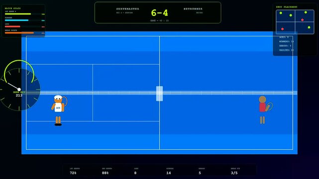 Digital graphics illustrating youth sports dedication during an animated tennis match sequence displayed on a blue court with score tracking metrics and virtual player avatar animation