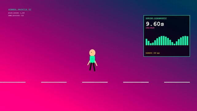 Youth sports dedication is displayed through a digital runner character performing an athletic sprint sequence with biometric data charts.