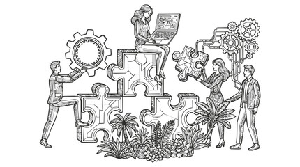 Obraz premium Business Teamwork and Collaboration Concept with People Solving a Jigsaw Puzzle Integrated with Modern Technology and Industrial Gears