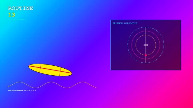 The youth sports dedication training interface shows a surfboard balancing on simulated ocean waves with gyroscopic data tracking movement through a vibrant purple blue gradient
