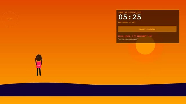 Youth sports dedication displayed by a lone figure performing daily ritualistic training at sunset while a digital timer tracks progress in this artistic animation scene
