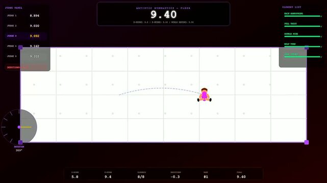 Youth sports dedication displayed by a digital animated gymnast performing a floor routine on a metric white grid layout under dark aesthetic studio lighting