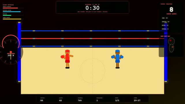 Displaying youth sports dedication in a virtual boxing simulation where two stick figures spar within a ring during a competitive match showing statistics and time