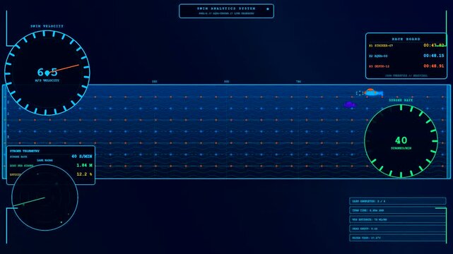 Displaying youth sports dedication through a digital monitoring interface showing multiple swimming metrics and race statistics for professional training progress captured in a dark blue environment