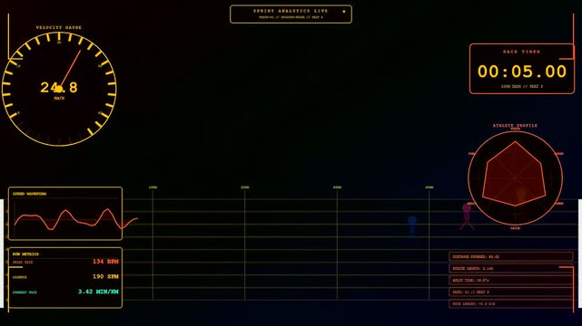 An athlete showing youth sports dedication while sprinting on a digital track as biometric data metrics monitor velocity and performance levels in this virtual environment