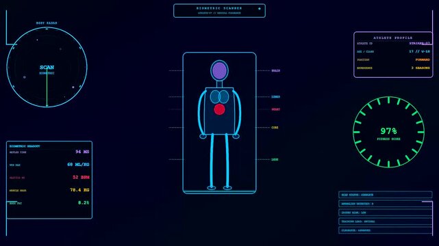 A youth sports dedication interface display showcases biometric health data metrics during a digital medical scan animation sequence featuring glowing neon graphics and circular status charts