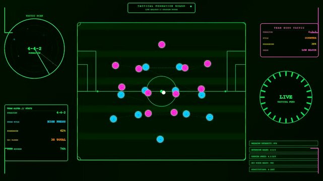 Digital displays showcasing youth sports dedication with moving player icons on green glowing tactical fields for soccer strategy analysis in a dark modern studio environment