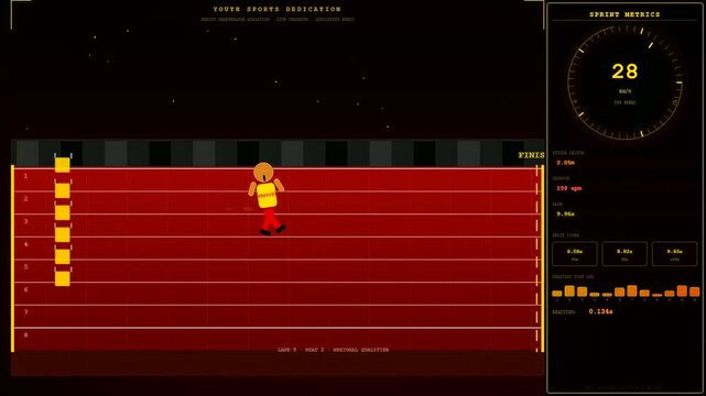 The digital youth sports dedication screen displays athletic performance data with a cartoon sprinter running across a red grid track under dark neon interface lighting conditions