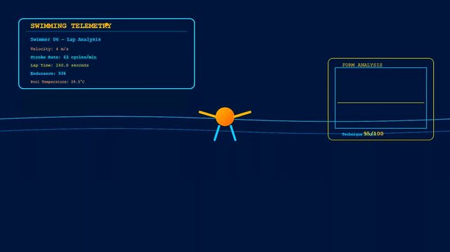 A detailed display of youth sports dedication as a swimmer progresses across three phases of digital movement analysis showing vital signs on a dark blue screen