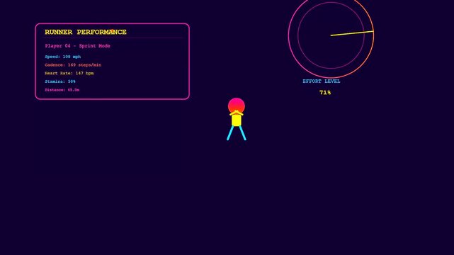 A youth sports dedication concept featuring a digital character running as real time performance data and biometric effort metrics appear inside glowing neon graphic interfaces