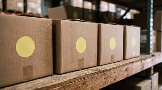 warehouse organization, neatly stacked cardboard boxes with yellow stickers on a wooden shelf