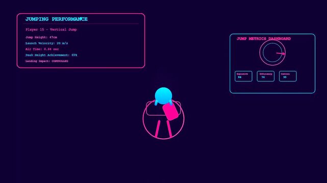 Digital Youth Sports Dedication displayed through minimalist stick figure graphics showing athletic jumping performance statistics with fluctuating neon metrics on a dark purple screen interface