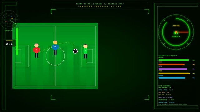 A vivid Youth Sports Dedication simulation displayed on an electronic interface showing soccer players moving across a digital pitch during a strategic practice training session