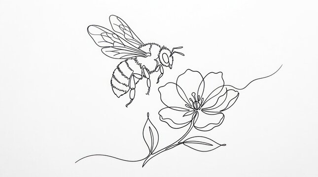 Minimalist line art of a bee pollinating a flower on a white background