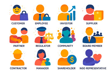 Fototapeta premium Diverse workforce roles and relationships depicted with icon illustrations