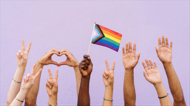 Diverse hands raised holding progress pride flag against purple background representing LGBTQ community unity and inclusivity