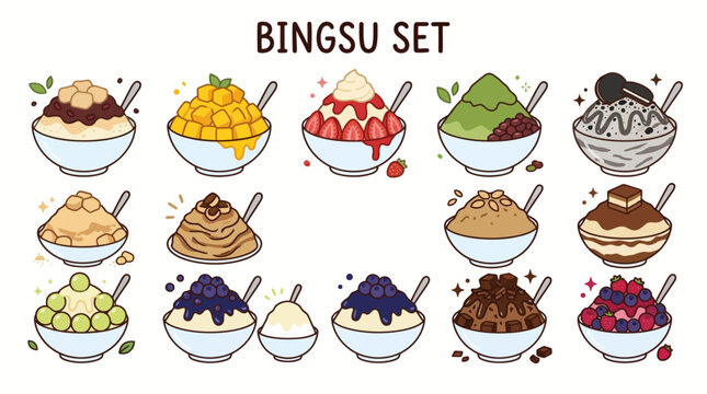 Bingsu Korean Shaved Ice Dessert Set Cartoon Illustration with Multiple Flavors on White Background