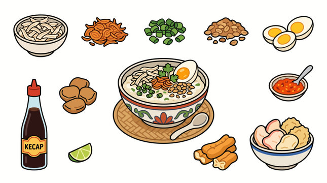 Indonesian chicken rice porridge bubur ayam and ingredients vector illustration set
